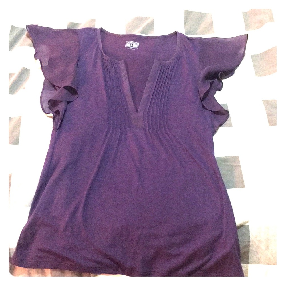Purple v neck top with ruffle sleeves
